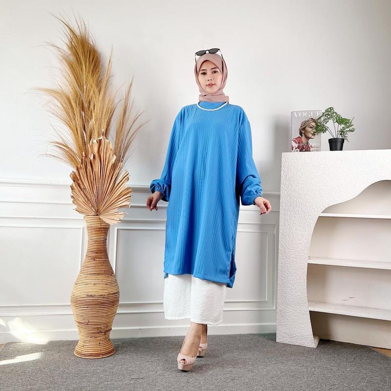 tunik wanita knit muslim ld 120 lengan karet Midi dres wanita melar 5