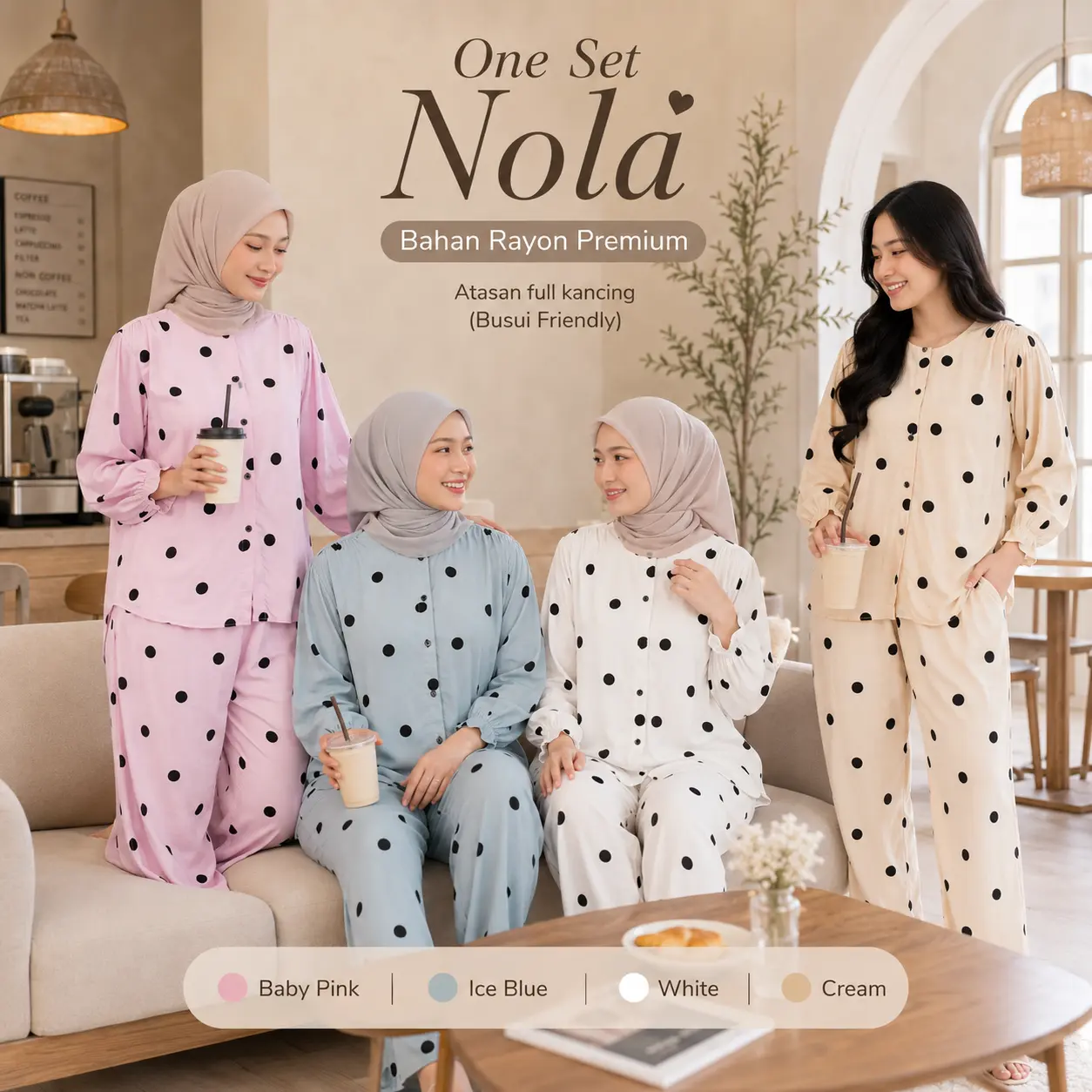 One Set Nola Rayon Premium Busui Full Kancing Setelan Atasan Bawahan Wanita Piyama Celana Panjang Adem Nyaman Tebal