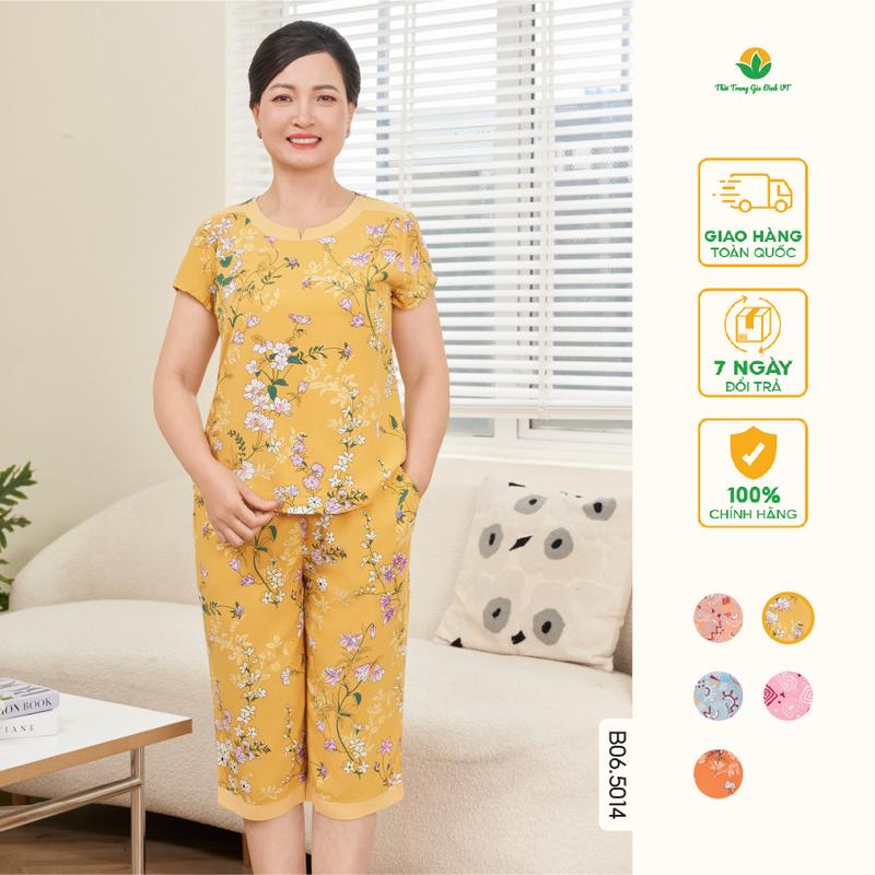 Bộ đồ trung niên chất vải Lanh quần lửng áo cộc tay cổ phối màu - B06.5014