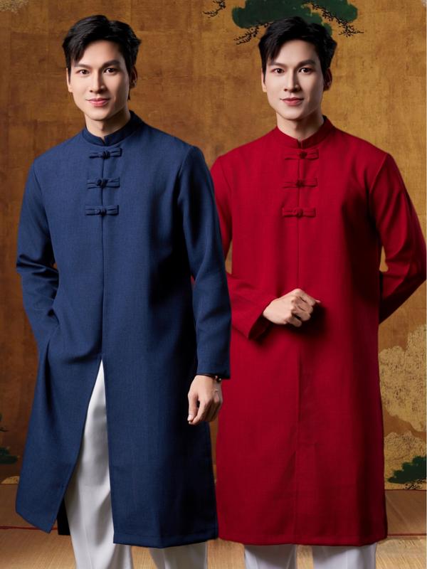 Mẫu Mới Áo Dài Cách Tân Nam Phối 3 Nút Giữa Khoá Kéo Sau Vải Linen Thương Hiệu Mr TwinsMenswear