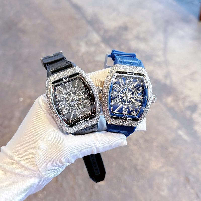 (SIZE LỚN) Đồng Hồ Nam Hugi Dây da, Đính đá, dáng thùng FM402. Đeo Tay Watch đồng hồ