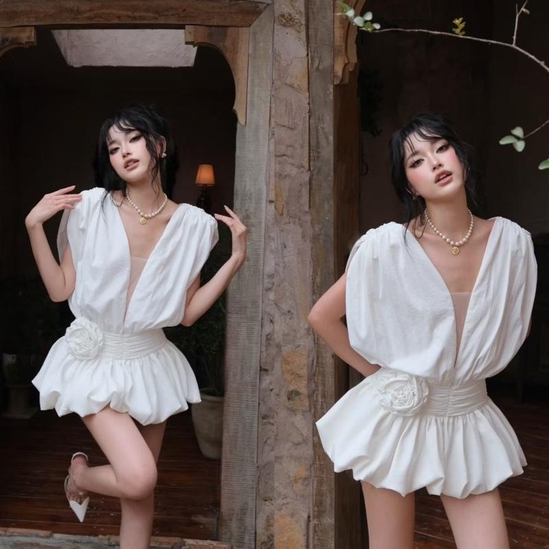 Đầm ngắn form bí cổ V nhún eo bông hoa KÈM QUẦN kho sỉ hải chuyền Đ245