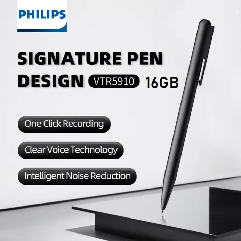 PHILIPS VoiceTracer VTR5910 16GB Voice Recorder Pen Digital Audio Mini Voice Activated AI Noise Reduction Perekam Suara Pena Meeting Interview Tanpa Bluetooth