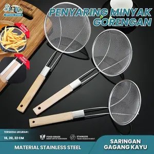 Sinda Saringan Stainless Steel Gagang Kayu – Peniris Minyak untuk Gorengan & Mie, Tahan Panas & Mudah Dibersihkan