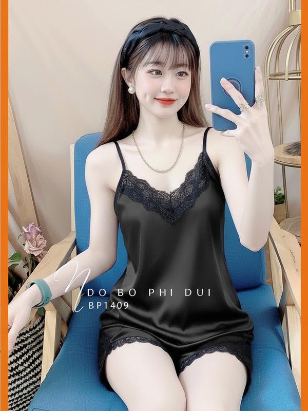 Có 2 size 55kg 65kg Đồ bộ áo hai dây tăng chỉnh vải phi mềm mại phối ren Set bộ ngủ freesize dưới 55kg và dưới 65kg