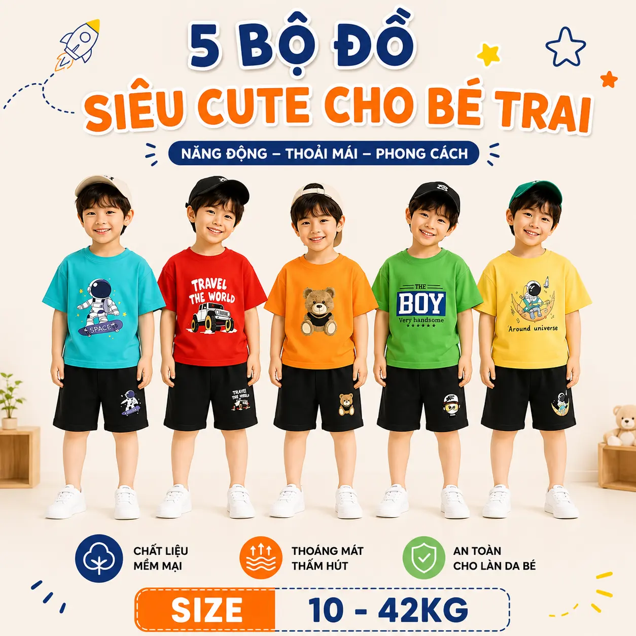 Combo 5 Bộ Đồ Bé Trai Cộc Tay Cotton Mềm Mịn (10-55kg) - Bộ Quần Áo Cho Bé Trai Đi Học Đi Chơi