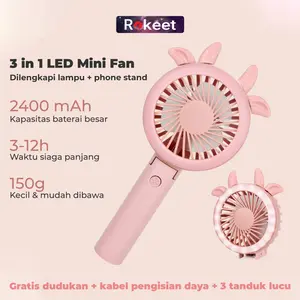 Rokeet Kipas Angin Karakter Korea Design + LED Portable Recharge Fan USB