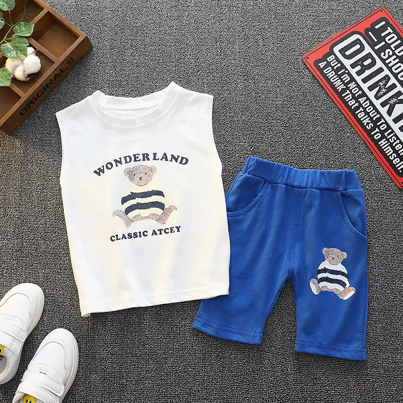 Boys' Set Children's Pure Cotton Bear Print Tank Top Shorts 2-Piece Comfortable Children's Wear