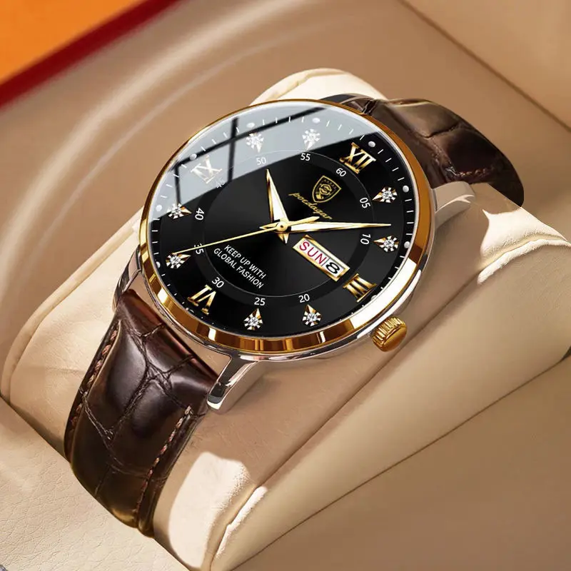 Waterproof, luminous, men's watch, leather strap, business quartz watch, student watch