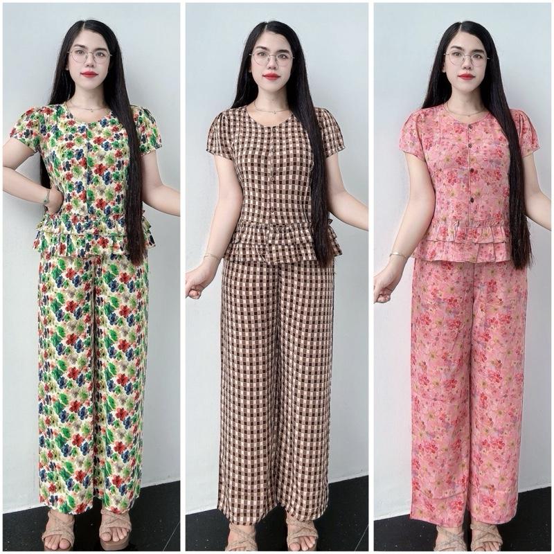  Bộ Nữ Áo Tay Ngắn Nhúng Bèo Phối Quần Ống Suông Thiết Kế Sang Trọng Thích Hợp Cho Mọi Lứa Tuổi Chất Vải Mango Mịn Mát 