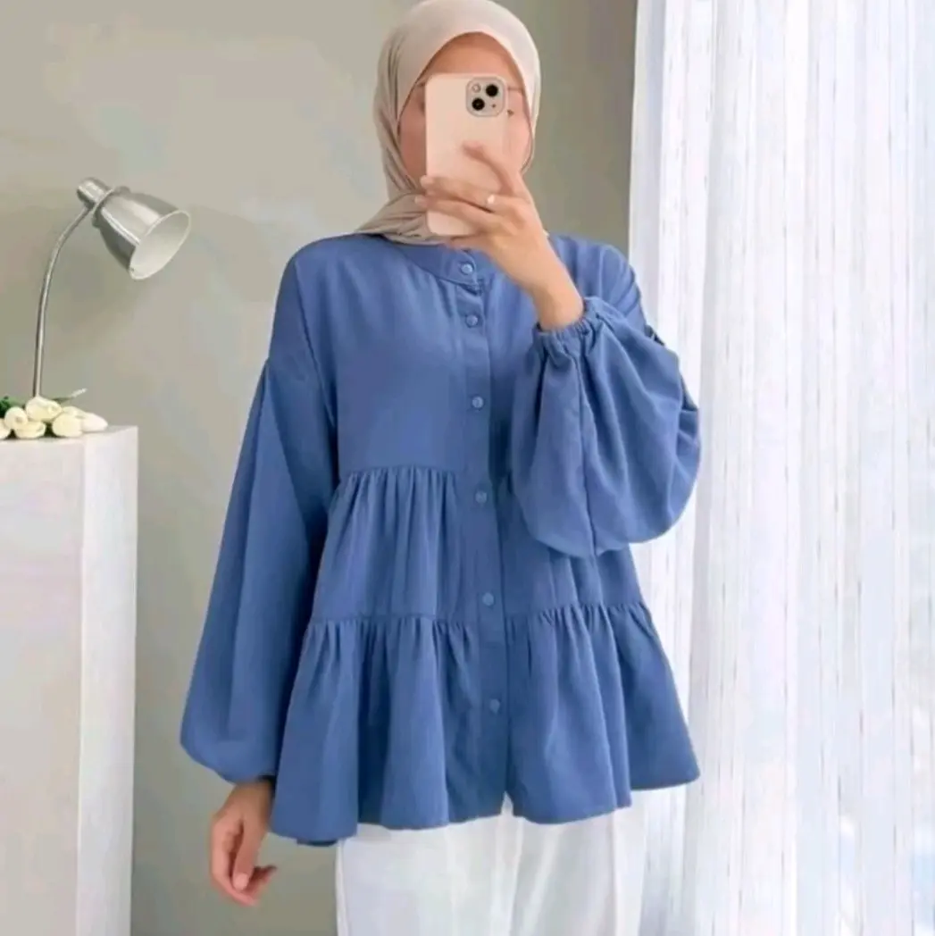 Atasan Wanita Kerah Sanghai Falena Blouse Lengan Panjang Crinkle Airflow | Kemeja Wanita Falena Blouse Kancing Aktif Lengan Tangan Panjang