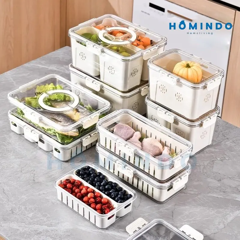 (BISA COD) HOMINDO Kotak Penyimpanan Kulkas Food Container Serbaguna dengan Saringan  Plastik Buah Cuci Sayuran Putih Wadah 2