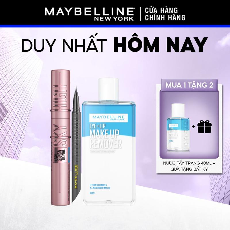 Bộ Trang Điểm Mắt Mascara Sky High Tơi Dài Mi Waterproof và Bút Kẻ Mắt Nước Siêu Sắc Mảnh 36H Lâu Trôi HyperSharp (Đen) kèm Nước Tẩy Trang Mắt và Môi Chuyên Dụng 150ml Maybelline New York