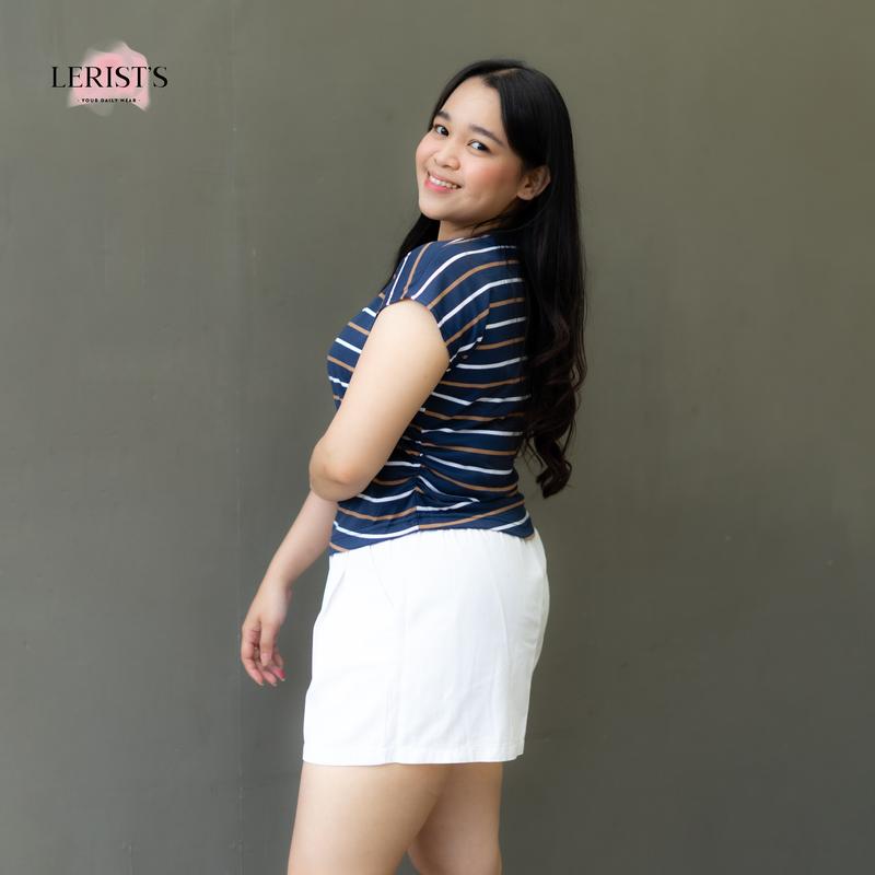 V-NECK CROP STRIPE KERUT- Top tee Garis salur Kaos Atasan basic Katun Leher V Wanita Cotton Combed 30s Premium Lerist T-Shirt Polos Baju Pendek 5