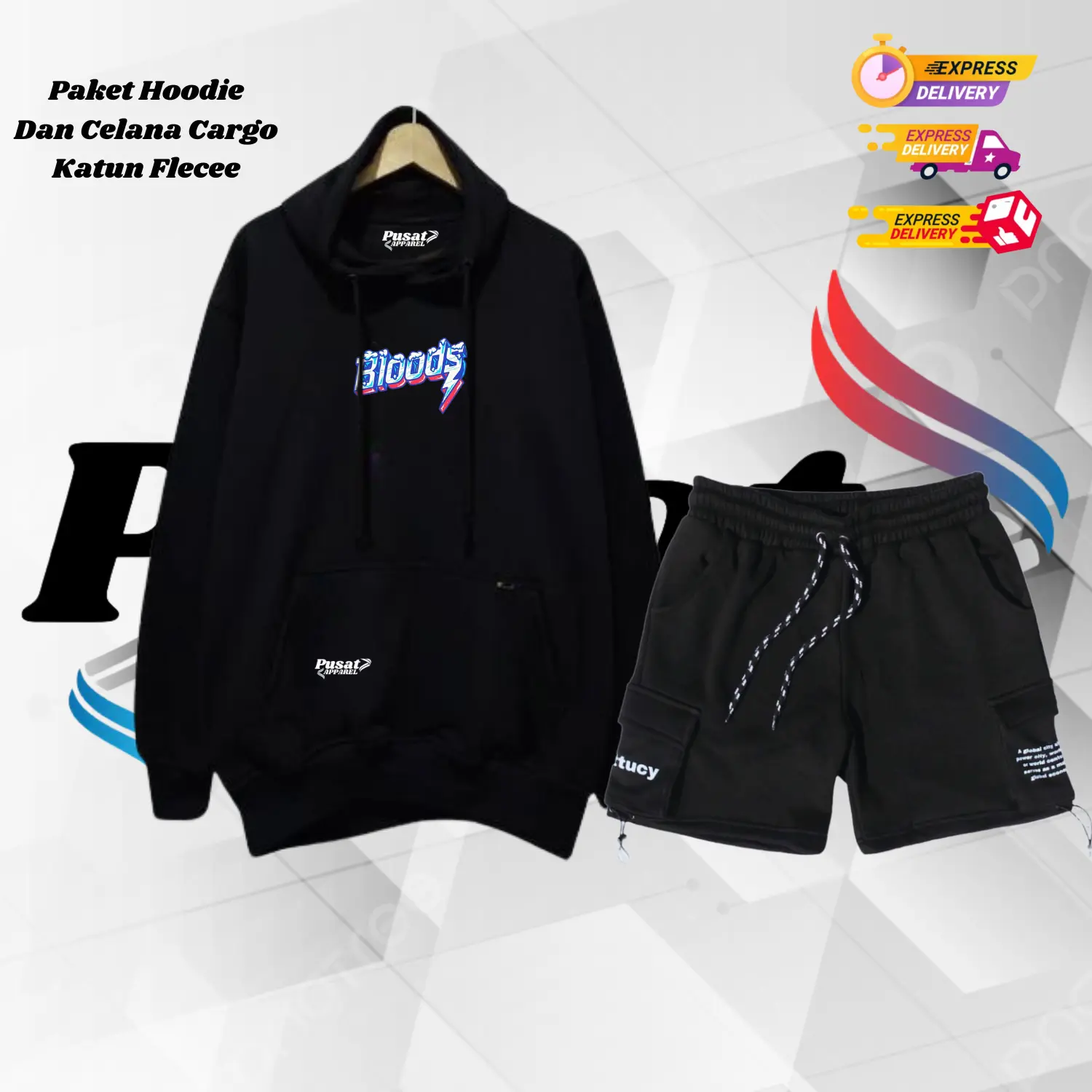 PUSTER APPAREL Oneset Hoodie Celana Pendek Pria Wanita Distro Stelan Sweater Celana Cargo Bahan Flece Brend Puster Apparel Size M L XL XXL Hitam Polos