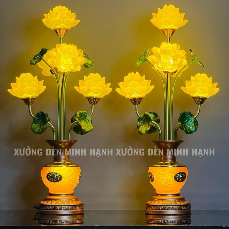 Tặng Kèm Chuỗi Trầm 108 Hạt Đèn Thờ 5 Bông Hoa sen Lá Xanh-Thân Bầu Khắc Sen Phú Quý Liên Hoa Cao 56 & 68 cm Giá 1 Đôi | TẶNG 3 LED Dự Phòng | Minh Hạnh Chỉ Bán Hàng Loại 1