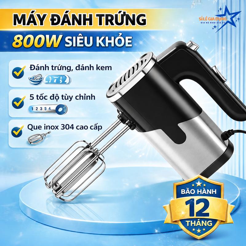 Máy Đánh Trứng Cầm Tay 800W 5 Tốc Độ Mạnh Mẽ – Máy Trộn Bột Làm Bánh Đa Năng,…