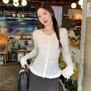 Women's Round Neck Hollow Out Knit Cardigan, Long Sleeve Slim Fit Lightweight Top for Fall, New Arrival Fashion Outerwear 9042# Knitwear Lingerie Basic Knitting Crewneck Minimalist White