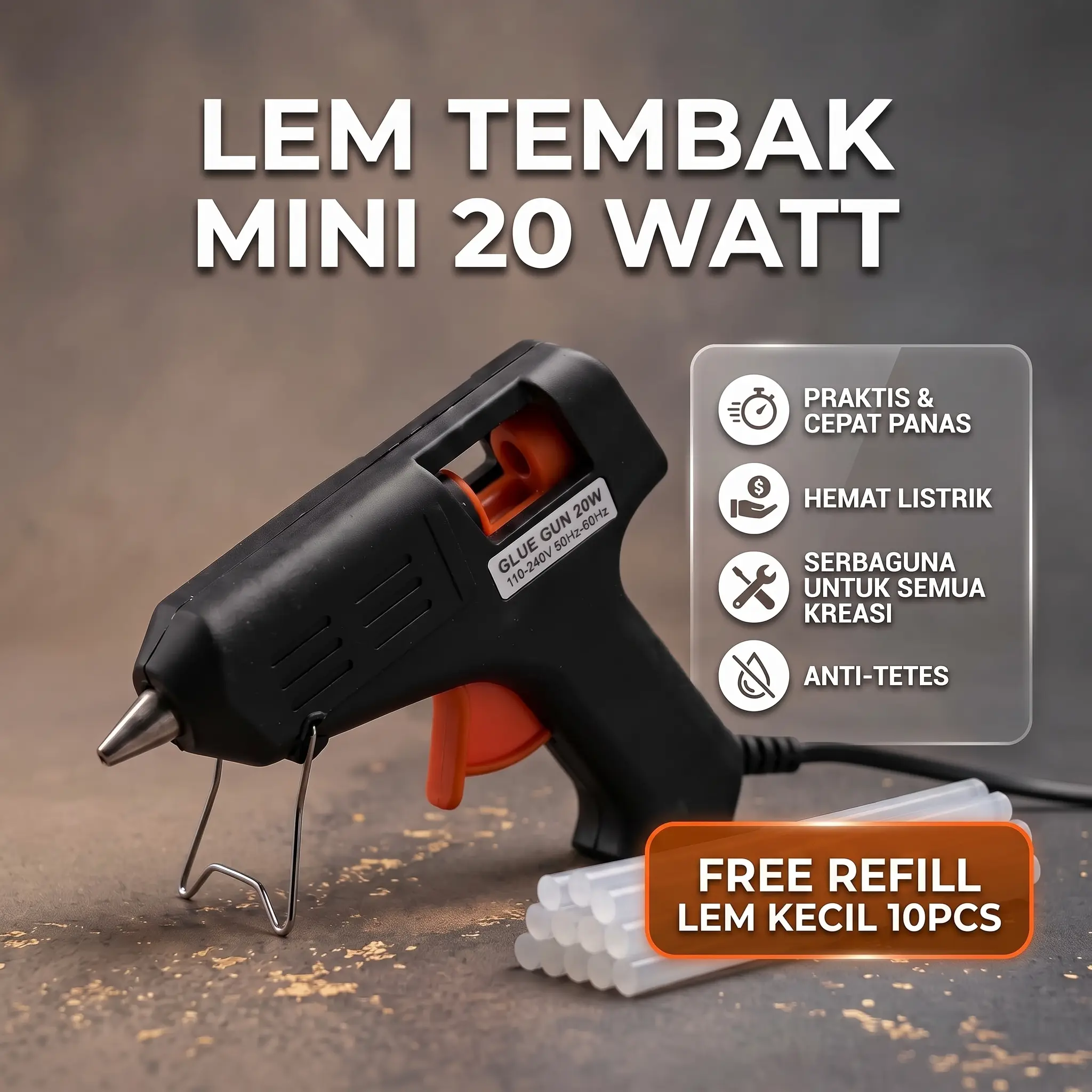 PAKET 5 / 10 / 20 LEM TEMBAK MINI 20 WATT / ALAT LEM TEMBAK LISTRIK HOT MELT GLUE GUN ON-OFF / ISI REFILL ULANG LEM TEMBAK STICK 10PCS KERAJINAN TANGAN