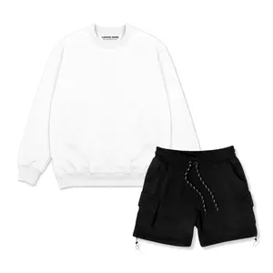 Lumina Moda Oneset Crewneck Celana Cargo Pendek Pria Wanita Warna Putih & Hitam Polos Terbaru Bahan Fleece Adem Dan Lembut Setelan Sweater Kargo Santai Korean Style Size M-L-XL-XXL