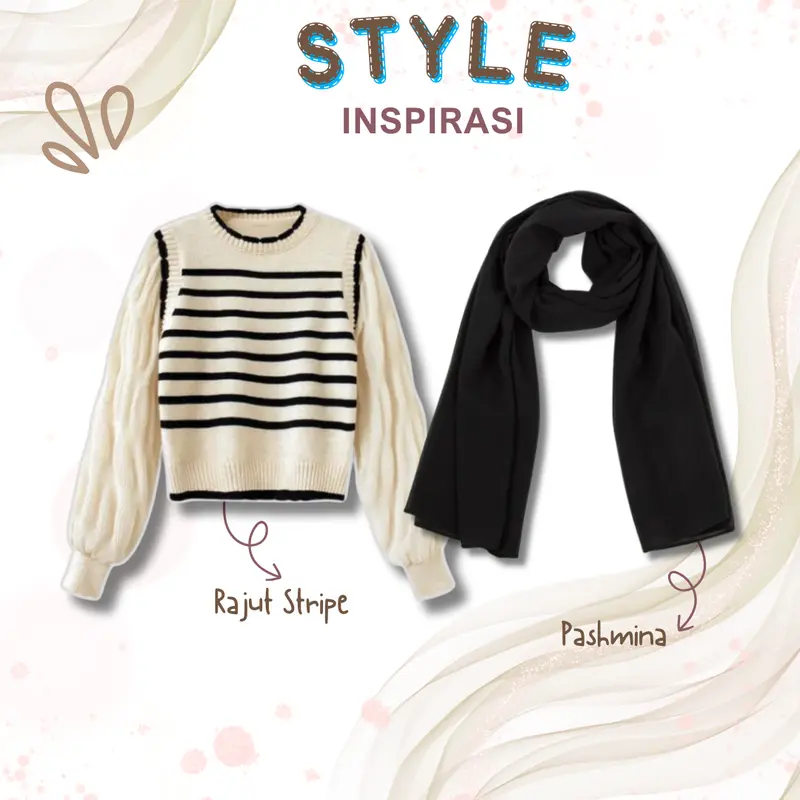 One Set 3 in 1 Rok Jeans + Rajut Stripe + Pashmina Outfit Casual Ootd Jalan Korean Style BC38 2