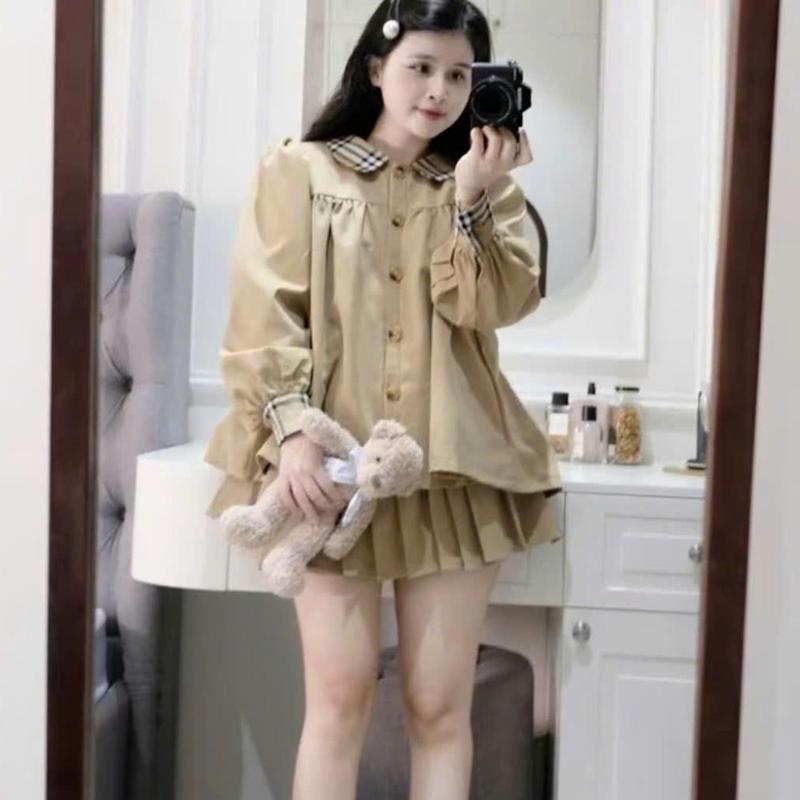  Set Áo Babydoll Kaki Cổ Sen 2 Lớp Dày Dặn Mix Chân Váy Xòe Xếp Li Phong Cách Tiểu Thư Sang Chảnh HANHAN S333aaa 