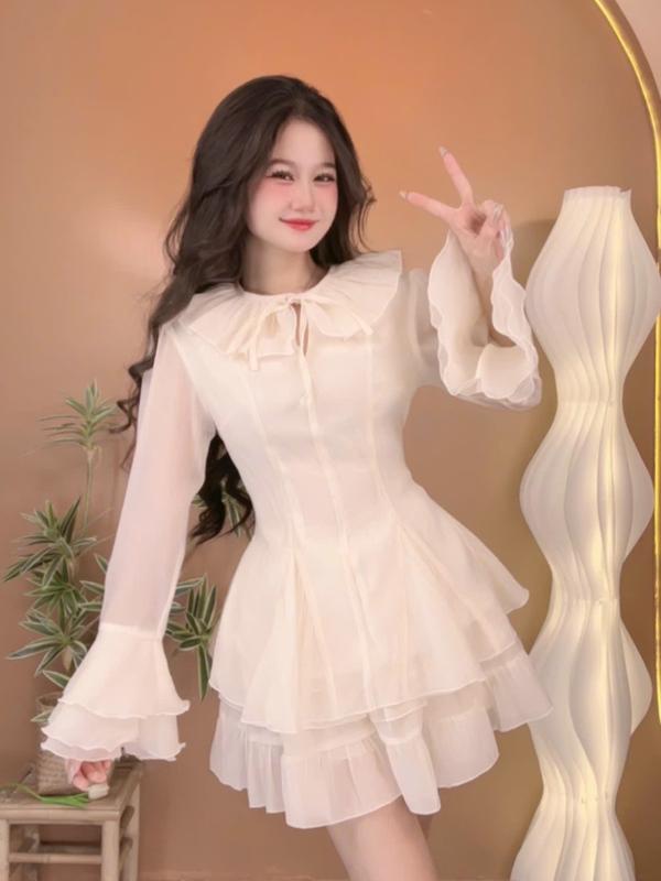 Set Áo Tay Bồng Cổ Bèo Đính họa tiết Vải Voan Đi Biển Kèm Váy Xòe S126 cho Phong Cách Sang Trọng Tiểu Thư Size S/M Chất Liệu Mềm Mại Thoáng Mát