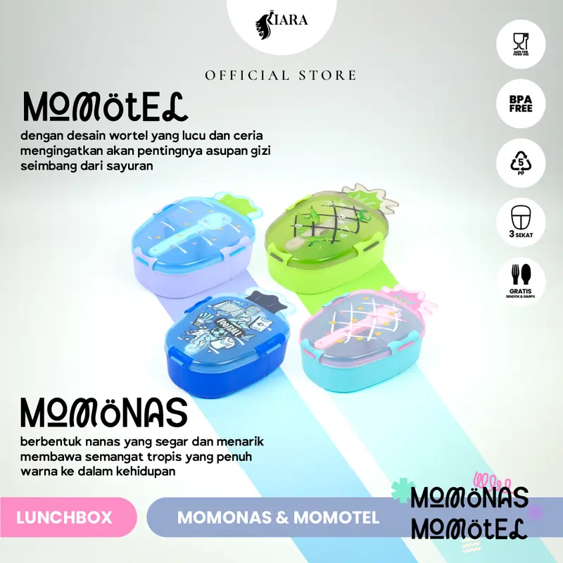 Kiara Lunch Box Momotel & Momonas Kotak Makan Kotak Bekal Anak Sekolah Karakter Lucu Gratis Sendok Garpu 100% BPA Free dan Food Grade Plastik Nanas 4