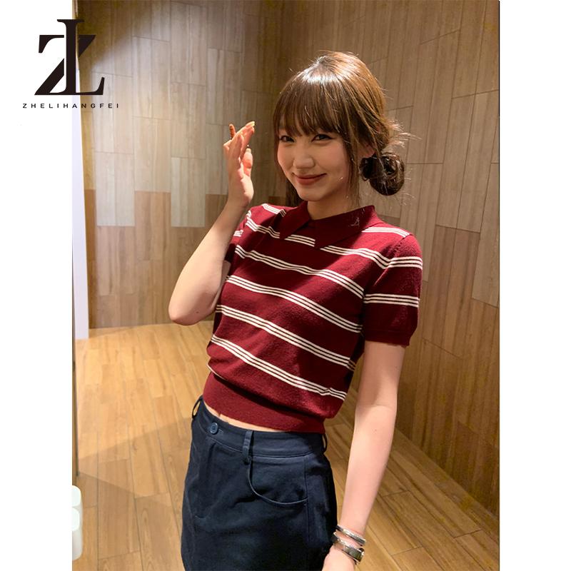  Hàn Quốc Nữ Sọc Cổ Polo Áo Dệt Kim Mùa Hè Hàn Quốc Áo Thun Tay Ngắn Rời 