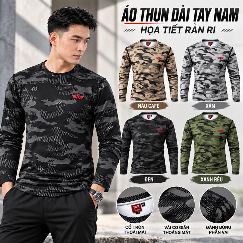 Combo 2/3/4 Áo Thun Nam Dài Tay Cổ Tròn Họa Tiết Rằn Ri Camo Thể Thao