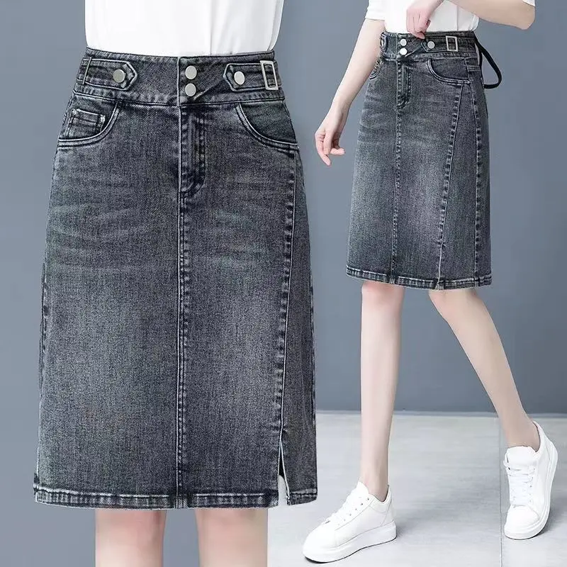 Chân Váy Denim Xẻ Tà, Ngoại Cỡ, Phong Cách Mùa Xuân, Dài Trung Bình Cạp Cao, Chân Váy Bodycon Co Giãn, Xẻ Tà Chữ A, Thích Hợp Cho Nữ Công Sở, Năm 2024