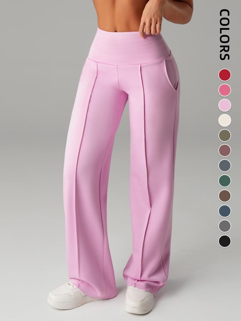 Women's Mid-Waist Elastic Wide Leg Pants, Casual Sporty Style, Comfortable Side Pockets, Multi-Functional Fall Winter Wear