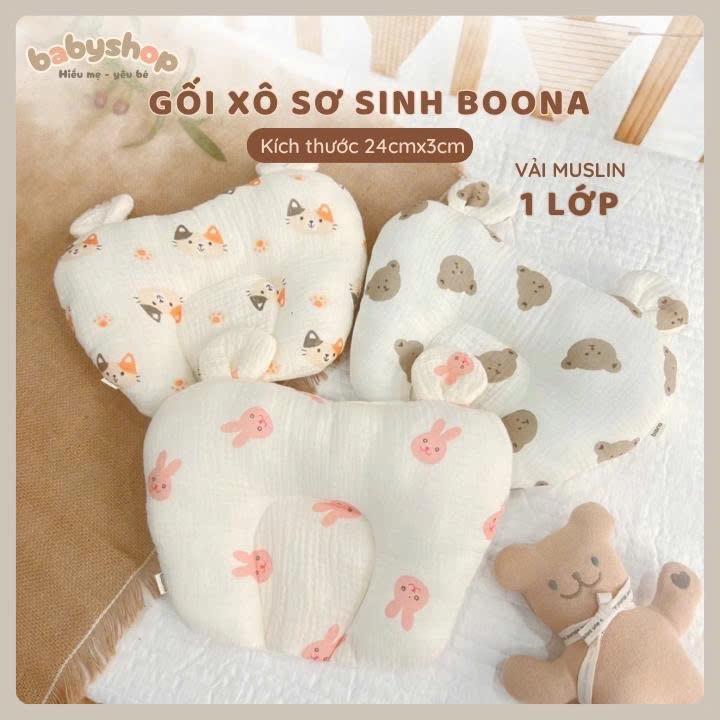 Gối Xô Sơ Sinh Boona  Hình Tim Tai Gấu Vải Muslin Cao Cấp Chống Méo Đầu, Êm Ái, Thoải Mái Cho Bé Nằm Gối Ngủ