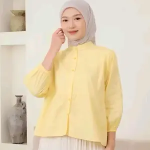 KYREN Blouse Katun Linen kemeja kuning Soft yellow Atasan Wanita Crop Tangan Panjang Nyaman Basic