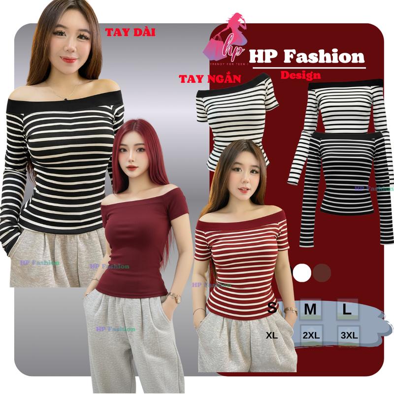 Áo thun trễ bệt vai dài tay sọc nữ chiết eo basic áo phông nữ ôm body vải mịn giãn 4 chiều size S M L XL 2XL 3XL noel tết có bigsize HP90