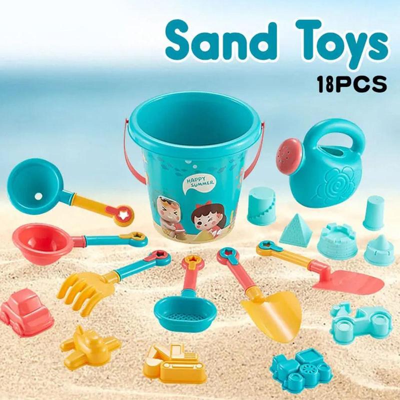 Product Introduction of 18Pcs/Set Travel Beach Toys Kids Beach Toys Set With Sand Rake Watering Can Bucket Shovels Rakes Models Play Tools 16
