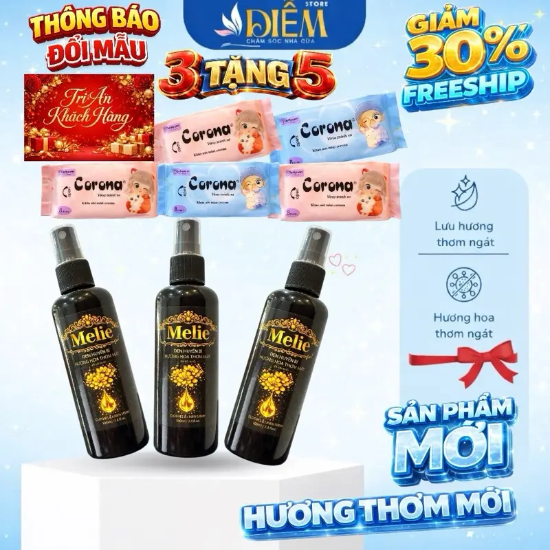 [ 3 TẶNG 5 Khăn ướt mini Bin Bin ] Combo 3 Xịt Khô Melie 100ml - Làm Sạch thơm lưu hương lâu - Hương Nước Hoa - Xịt Thơm Quần Áo Melie
