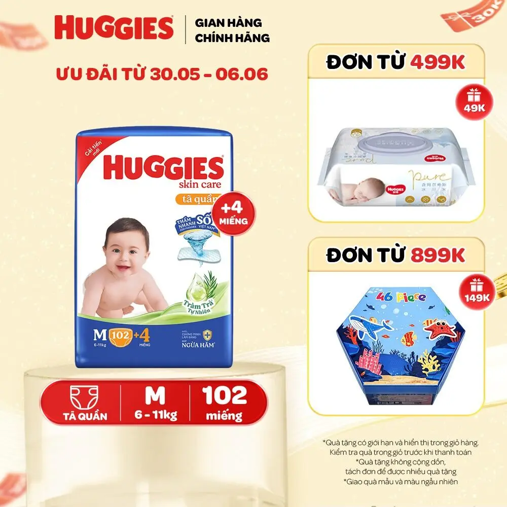Tã/ bỉm quần Huggies Skincare Mega Jumbo với tràm trà dịu da Size M106/L96+8/XL84+4/XXL76+4 - 1