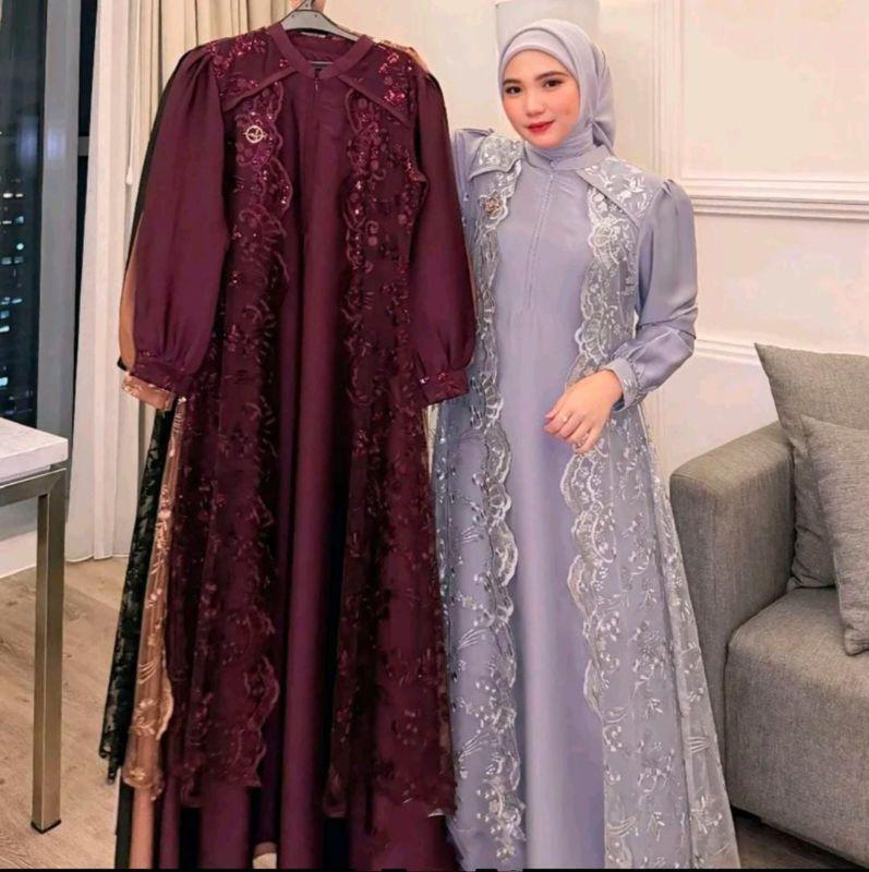 COD VIREYA DRESS BAJU GAMIS BRUKAT MEWAH ELEGANT TREND 2026 BAHAN SATIN SILK WARNA MAHOGANY VIRAL EMERALD BLUE GAUN PESTA KONDANGAN LEBARAN PANJANG RESLETING DEPAN BUSUI FRIENDLY Wanita