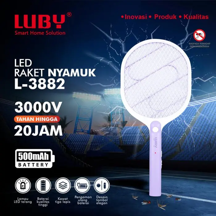 Luby Raket Nyamuk Rechargable L-3882 dengan Tegangan 3000V dan Baterai Lithium 500mAh