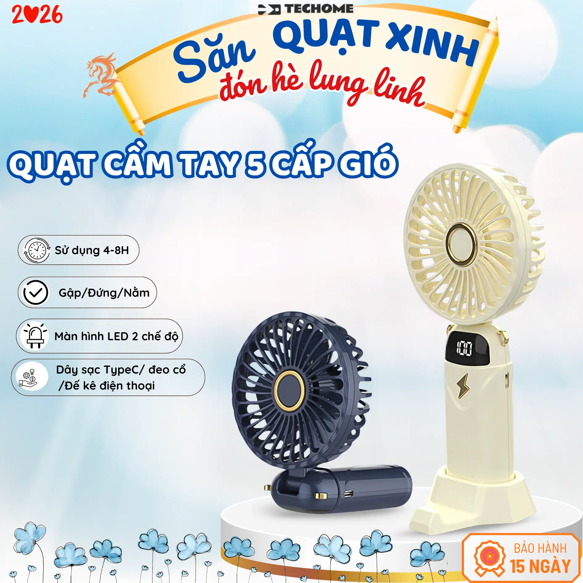 [PHIÊN BẢN MỚI] QUẠT CẦM TAY 5 CẤP GIÓ MÀN HÌNH LED PIN 3000mAh tặng kèm dây đeo cổ, đế kê điện thoại và dây sạc, sử dụng tiện lợi và bền bỉ