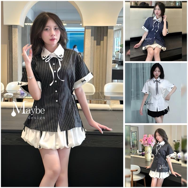 Áo Sơ Mi Nữ Tay Ngắn Kẻ Sọc Phối Cổ Trắng Có Dây Thắt Eo tặng kèm dây nơ