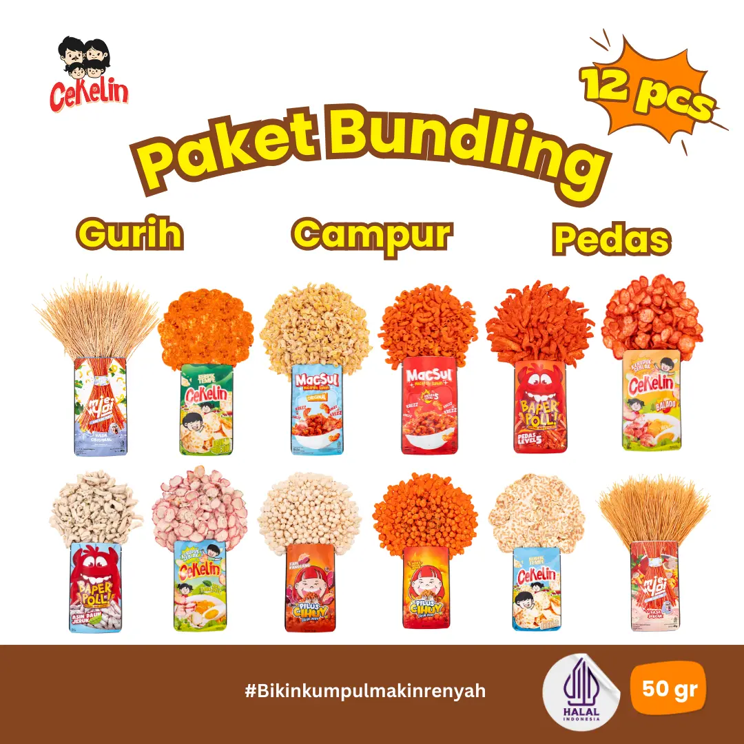 CEKELIN Cemilan Paket Bundling 12pcs Makaroni Mie Lidi Basreng Keripik Tempe Pilus Kerupuk Seblak Pedas Asin