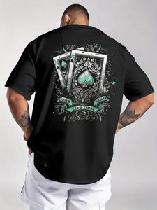 メンズ ルーズフィット 半袖 ラウンドネックTシャツ、ポーカーカードプリント、快適なカジュアルウェア、日常使いに最適、注目商品