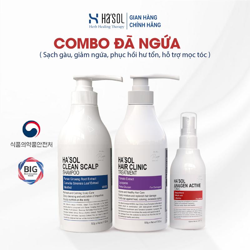  Combo Dầu Gội Giảm Gàu Nấm Ngứa Hasol Clean Scalp + Kem Ủ Tóc Phục Hồi Hư Tổn Hasol Clinic Treatment + Xịt Mọc Tóc Hasol 