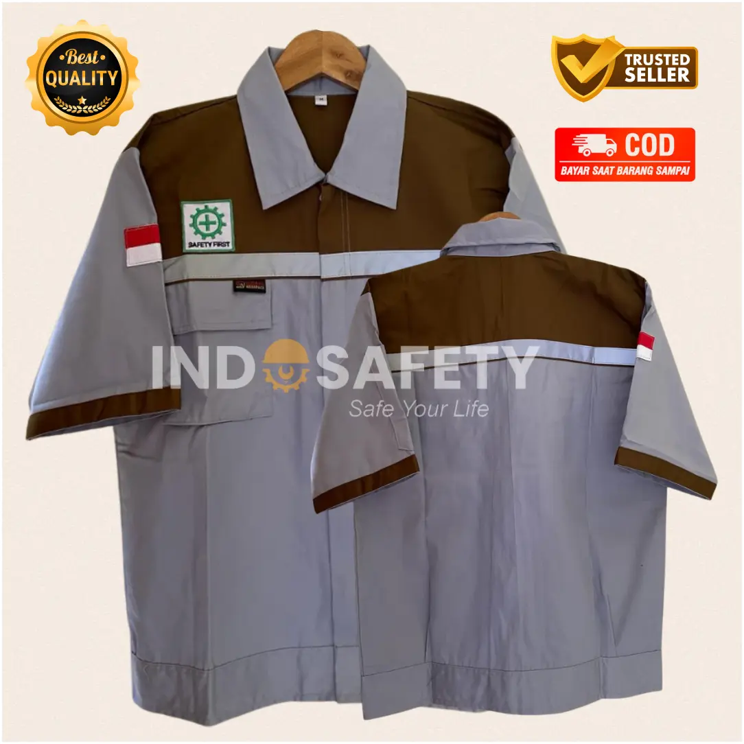 COD I ATASAN WEARPACK SAFETY MODEL STANDAR KOMBINASI LENGAN PENDEK ABU MUDA COKLAT