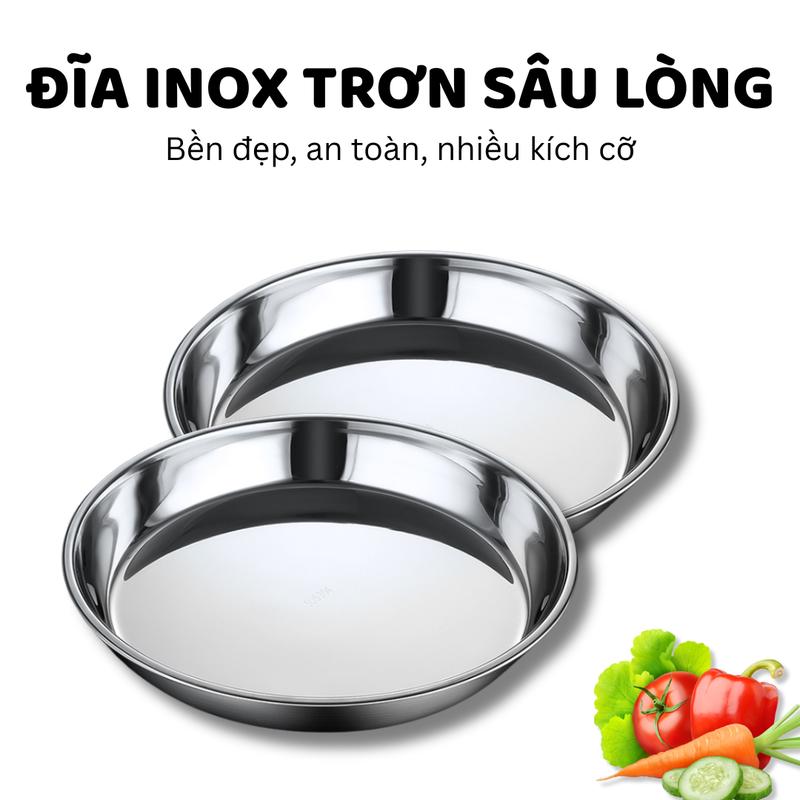  Đĩa inox tròn Hàn Quốc cao cấp trơn sâu lòng đựng thức ăn nhiều kích cỡ từ 24cm - 40cm thiết kế dơn giản bền bỉ an toàn khi sử dụng 