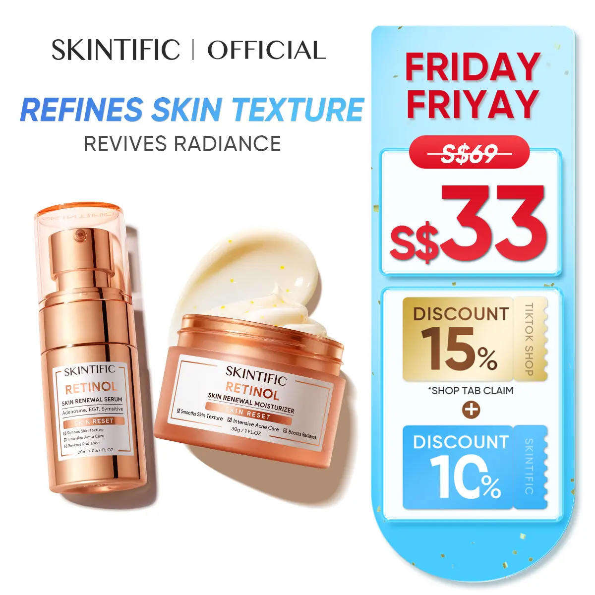 [SKINTIFIC OFFICIAL] SKINTIFIC Retinol Skin Renewal Combo- Retinol Serum 20ml + Retinol Cream Moisturizer 30g Hydrate goldserum treat acne fades fine lines smooth skin