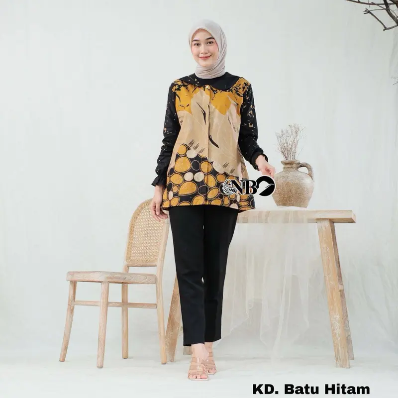 Baju Batik Wanita Atasan Blouse Bahan Katun Panjang - Cewek Kerja  Dewasa Nyaman 2