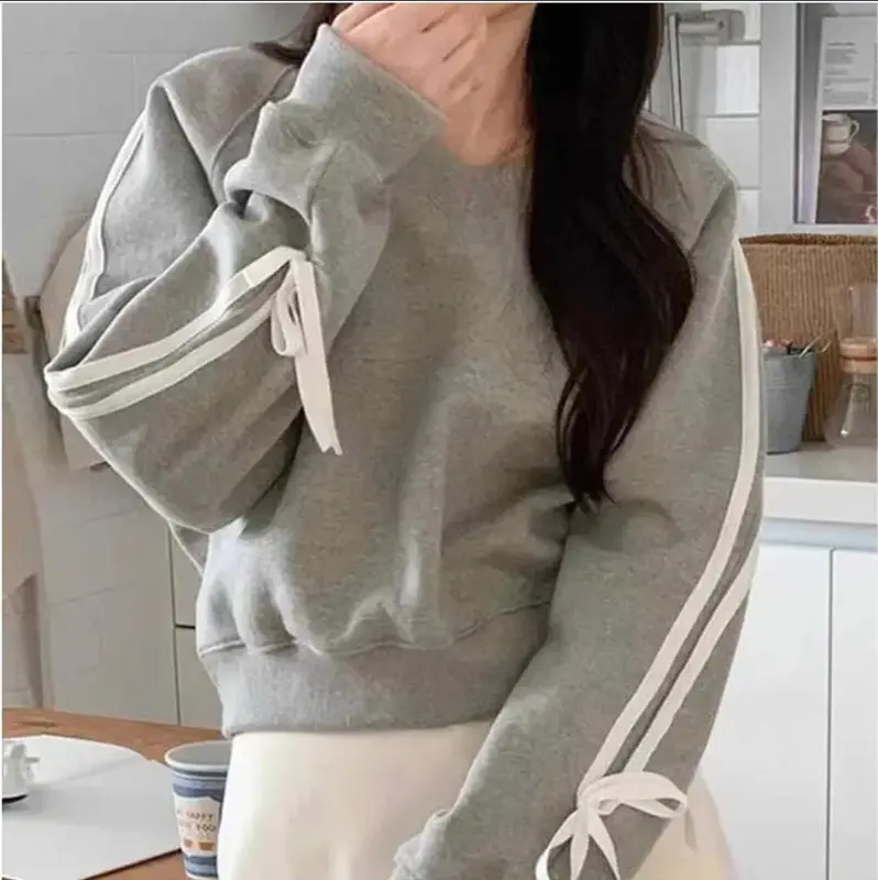 Sweater Aqeela Crop Wanita Kekinian Terbaru  Fit Crewneck Oblong Motif Lengan Pita Fleece Outer Remaja Panjang 6